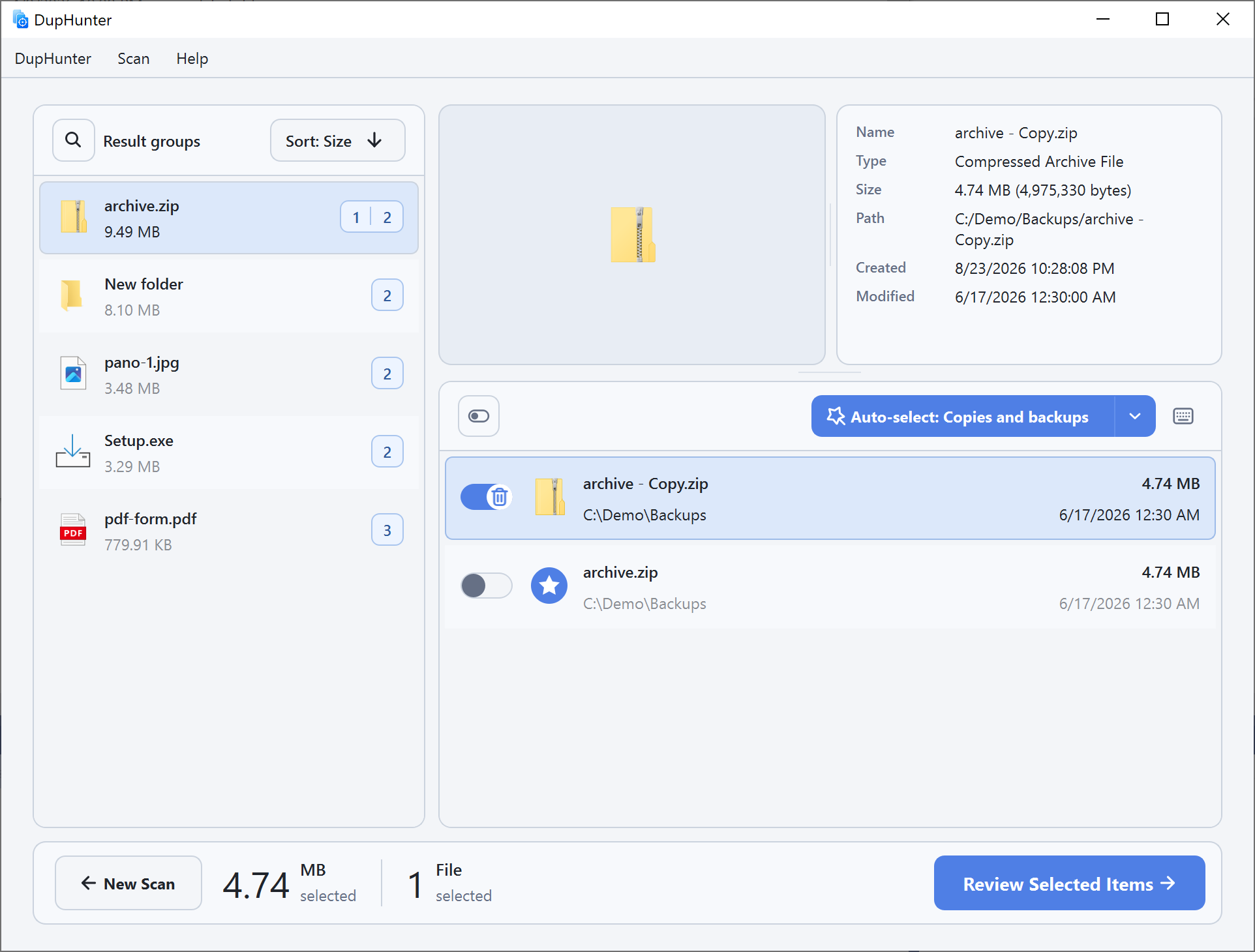 Copies and backups automatic selection rule applied to an exact duplicate group