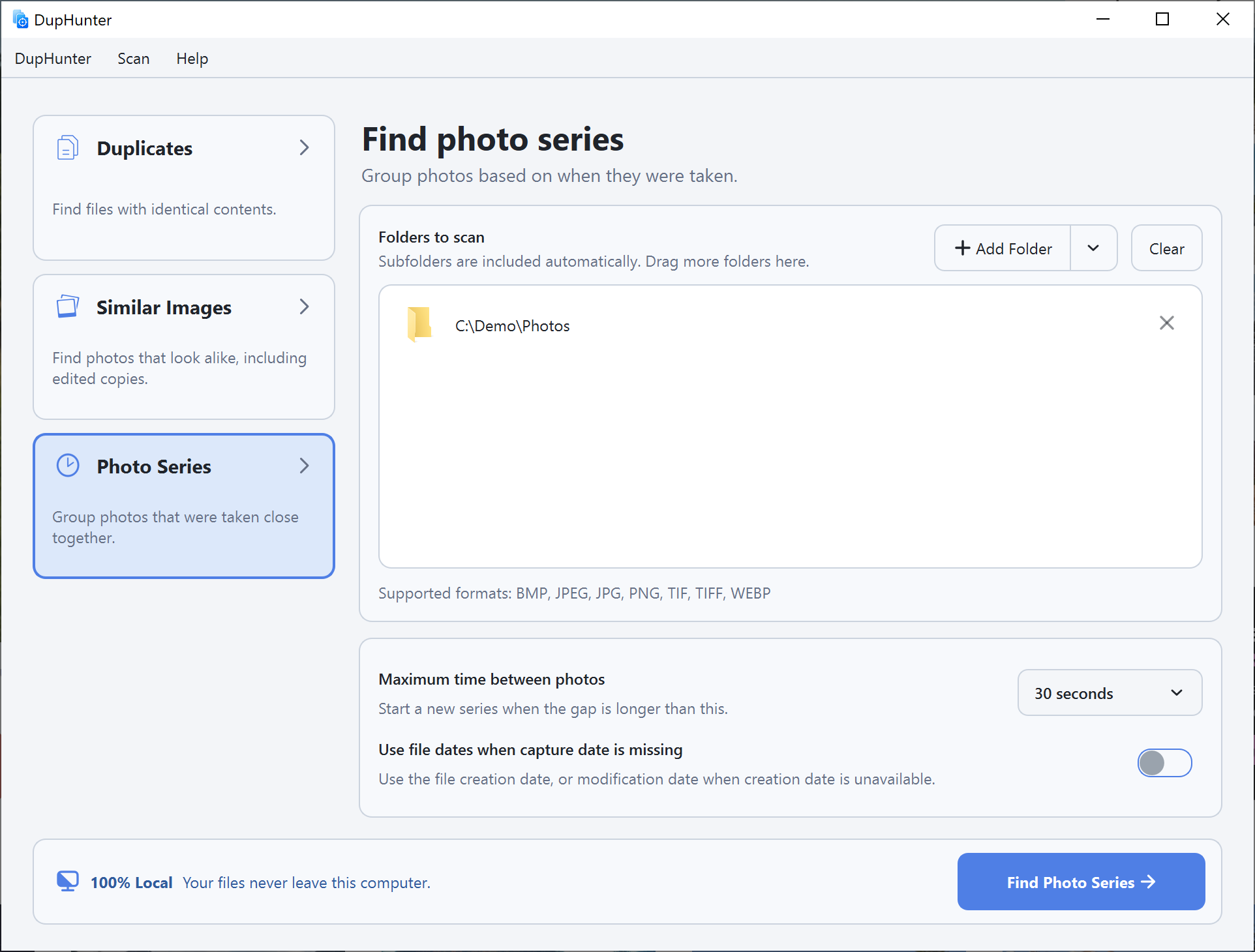 Photo Series setup with maximum time between photos and file-date fallback