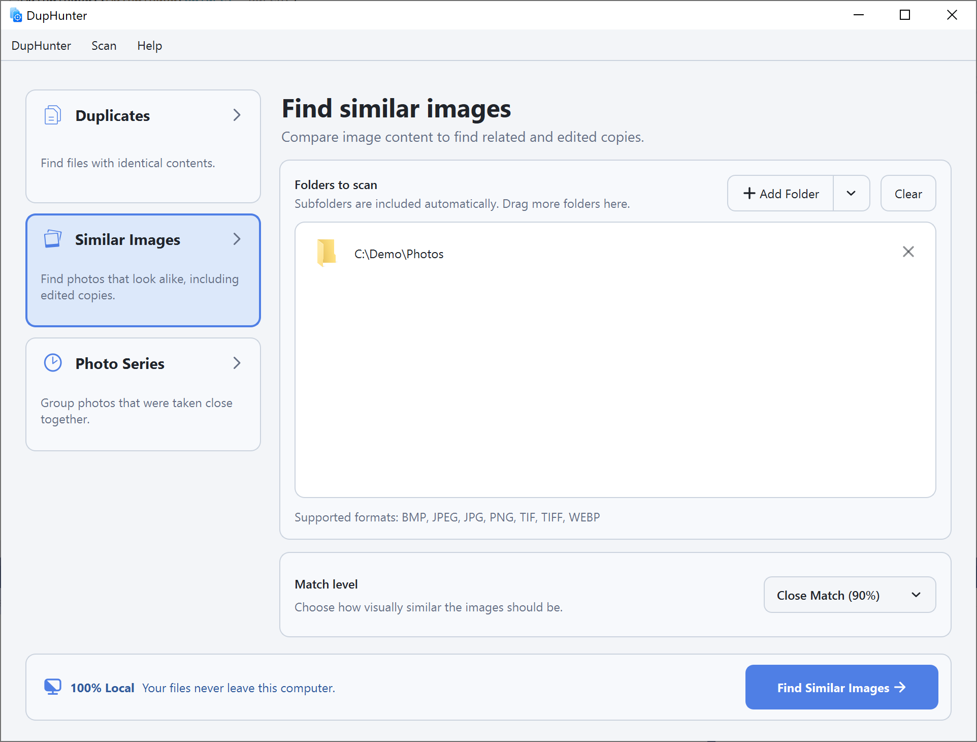 Similar Images scan setup with an adjustable match level
